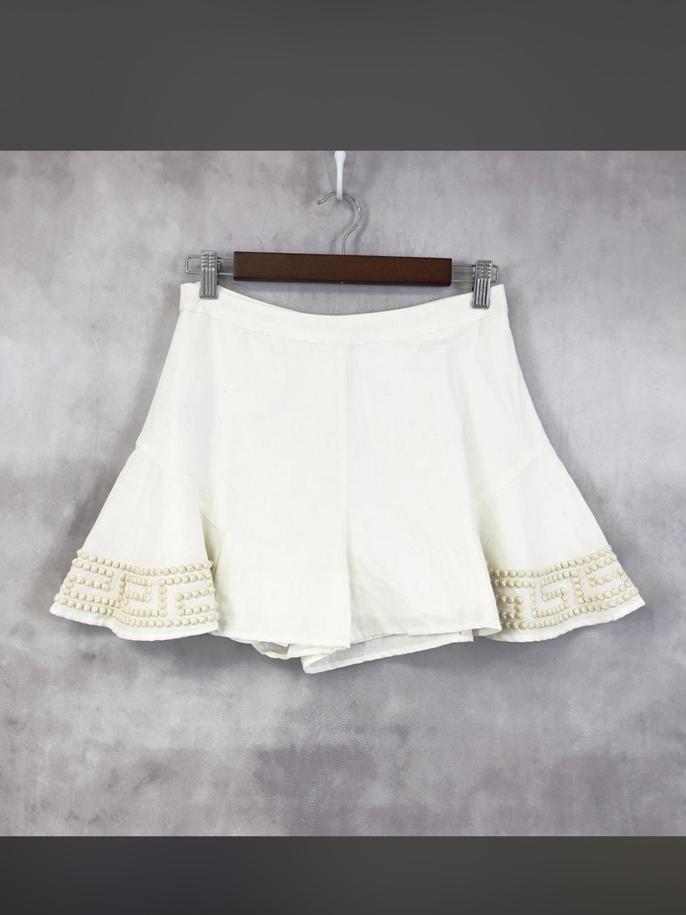 Flannel Australia High Waist Ruffle Embroidered Linen Shorts - White Cream Ivory